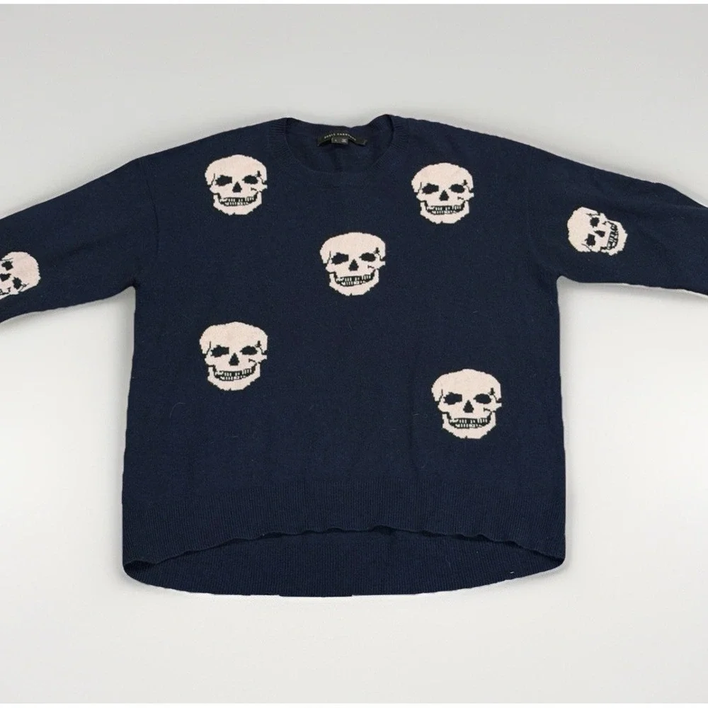 Skull Cashmere 100% Cashmere Crewneck Sweater‎ Navy Blue Skull All Over Size L